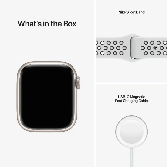 ⁦שעון אפל Apple Watch Nike Series 7 45mm Starlight Aluminium Case with Pure Platinum/Black Nike Sport Band - Regular⁩ – תמונה ⁦2⁩