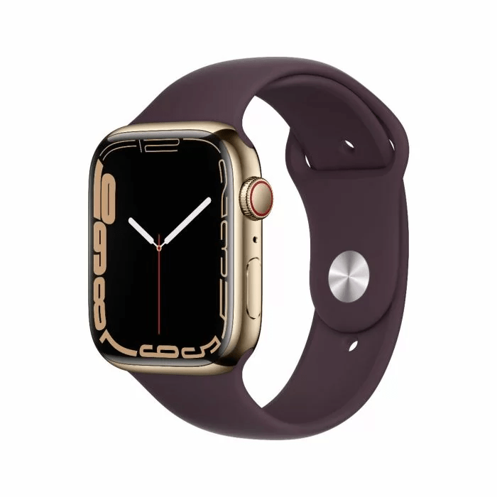שעון אפל Apple Watch Series 7 45mm Gold Stainless Steel Case with Dark Cherry Sport Band - Regular